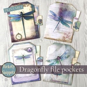 Dragonfly junk journal pockets, dragonfly craft, shabby junk journal digital, printable paper craft kits, ephemera scrapbook kit, file tabs