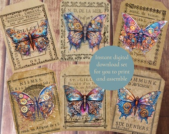 Printable vintage steampunk butterfly tags, shabby digital download ephemera for enchanted forest junk journaling and scrapbooking