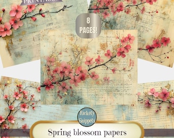Spring flowers junk journal papers, blossom paper craft, junk journal digital, shabby collage papers digital, background papers scrapbook