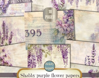 Shabby junk journal papers kit, pastel purple flowers junk journal printables, scrapbook digital background papers cardmaking