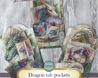 Dragon junk journal pocket tags, dragon scrapbook pockets, junk journal printables, junk journal kit, journal ephemera, fantasy scrapbook