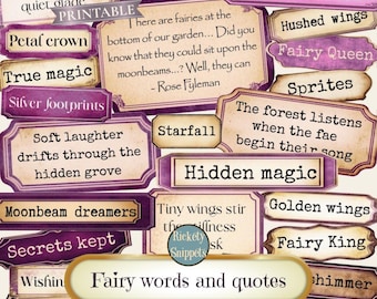 Fairy words and phrases, pink fairy quotes, word ephemera, junk journal labels, fairies digital junk journal words, fantasy word labels