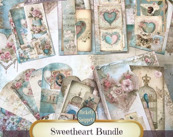 Shabby Valentine junk journal bundle printable, vintage folio kit + pocket tags + papers + ephemera box + tags for scrapbooking