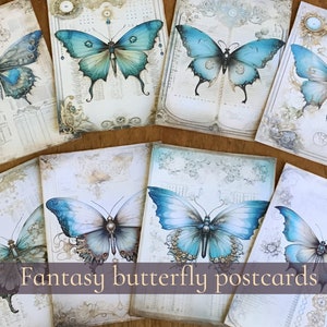 Digital printable fantasy butterfly postcards. Blue butterfly ephemera for junk journaling and scrapbooking