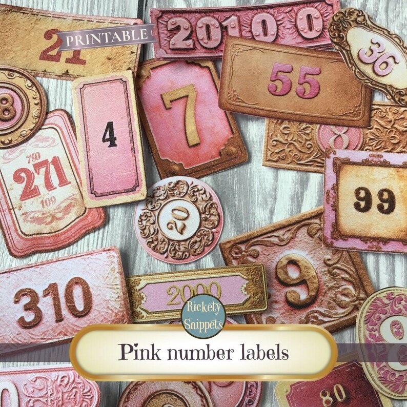 Pink Junk Journal Labels, Vintage Numbers, Pink Scrapbook Ephemera ...