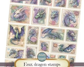 Printable stamps, dragon scrapbooking embellishments, dragon ephemera junk journal printables, fantasy scrapbook embellishments, faux stamps