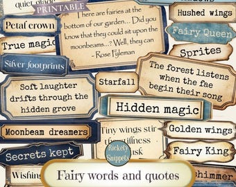 Fairy words and phrases, blue fairy quotes, fantasy word labels, word ephemera, junk journal labels, fairies digital junk journal words