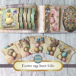 Egg hunt Easter junk journal folio kit, digital printable Easter ephemera download, Easter DIY gift for grandchildren, with egg hunt clues