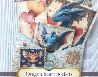 Dragon junk journal pockets kit, love scrapbook ephemera, loaded pockets junk journal printables, fantasy journal supplies