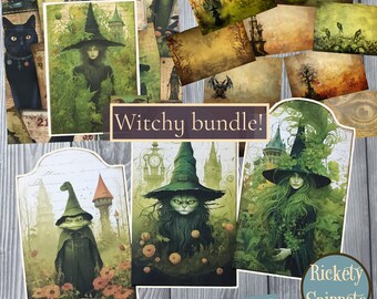 Witch junk journal printables bundle: Green witch junk journal folio download + witch tag pockets + witchy scrapbook paper set