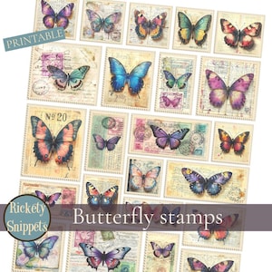 Butterfly printable junk journal stamps, butterfly ephemera stamps digital download, butterfly junk journal kit, faux stamps