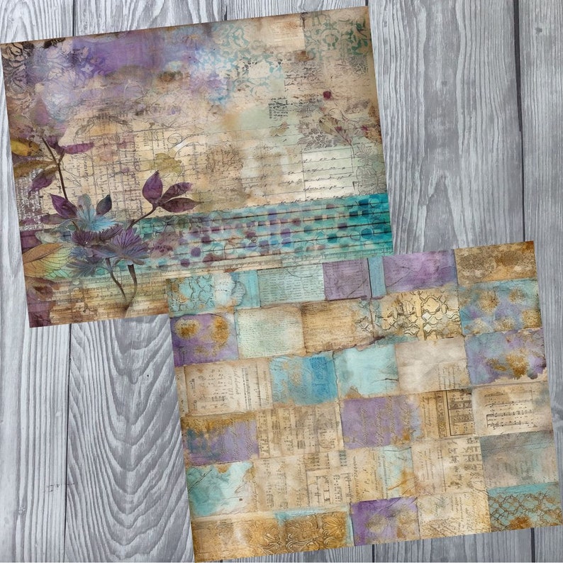 Pu&ograve; includere: Un pacchetto di carta digitale con un'estetica vintage che presenta un collage di texture, motivi e colori. Il pacchetto di carta include una variet&agrave; di blu, viola e marroni con un aspetto usurato. Il pacchetto di carta &egrave; perfetto per lo scrapbooking, la creazione di biglietti e altri lavoretti di carta.
