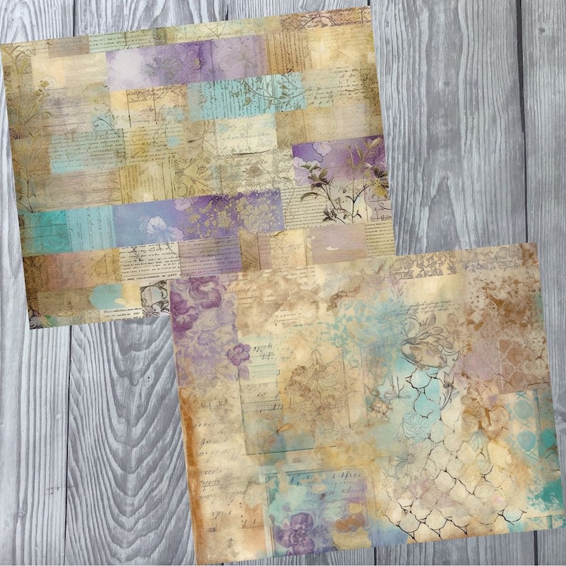 Pu&ograve; includere: Due fogli di carta digitale con un'estetica vintage. I fogli presentano un design a patchwork con colori sbiaditi, testo scritto a mano e motivi floreali in tonalit&agrave; di viola, blu e marrone.
