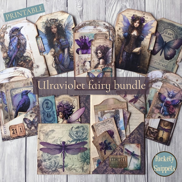 Printable bundle - fairy junk journal folio set plus 2 pocket kits with grungy shabby purple butterfly, dragonfly, flower and bird ephemera