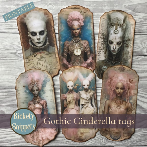 Printable Cinderella tags | gothic fairy tale ephemera add-on | fantasy fairy tale tags/bookmarks/journaling cards | shabby grungy Halloween