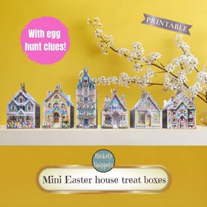 Könnte beinhalten: Eine Sammlung farbenfroher Miniatur-Osterhaus-Geschenkboxen, jede mit einzigartigen architektonischen Details. Die Häuser sind auf einem weißen Regal vor gelbem Hintergrund ausgestellt, mit dem Text "With egg hunt clues!" und "PRINTABLE".