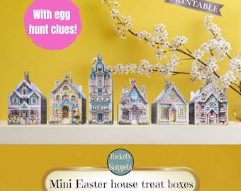 May include: A collection of colorful miniature Easter house treat boxes, each with unique architectural details. The houses are displayed on a white shelf against a yellow background, with the text "With egg hunt clues!" and "PRINTABLE".