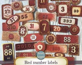 Printable numbers, red ephemera, junk journal labels, vintage numbers, digital vintage labels, vintage ephemera, vintage scrapbook labels