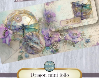 Dragon junk journal kit, mini folio template, mini junk journal printables, dragon crafts printable, dragon scrapbook ephemera digital