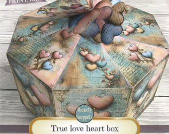 Printable heart box template, DIY heart box, shabby Valentine heart box,  Valentine gift box digital download, heart paper craft kit