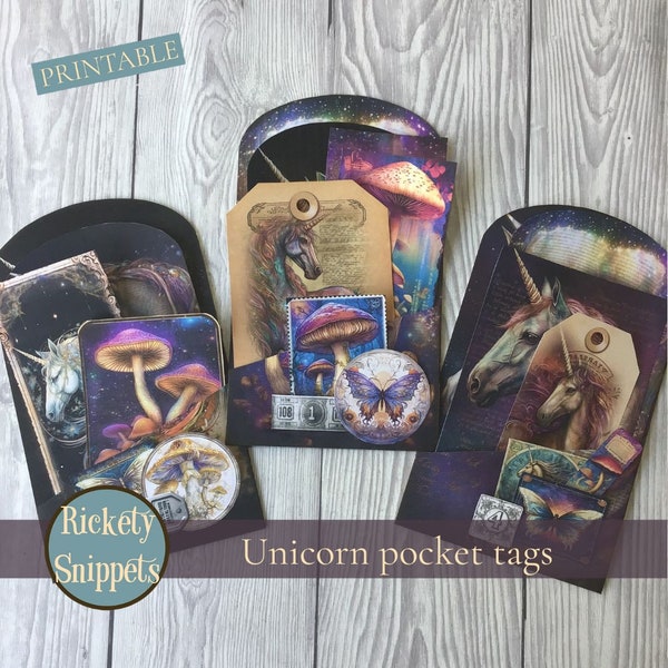 Junk journal digitals | printable pocket tags | junk journal kit | unicorn scrapbook ephemera | shabby grungy fantasy magic forest mushrooms