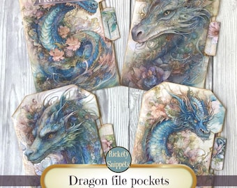 Dragon junk journal pockets, shabby junk journal printables, paper craft kit, dragon cards, printable ephemera, dragon scrapbook pockets