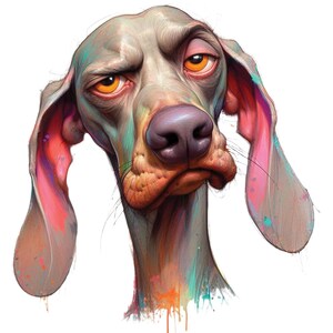 May include: A colorful illustration of a dog with a serious expression. The dog has a gray, blue, and orange body with pink ears. The dog's eyes are orange and brown.