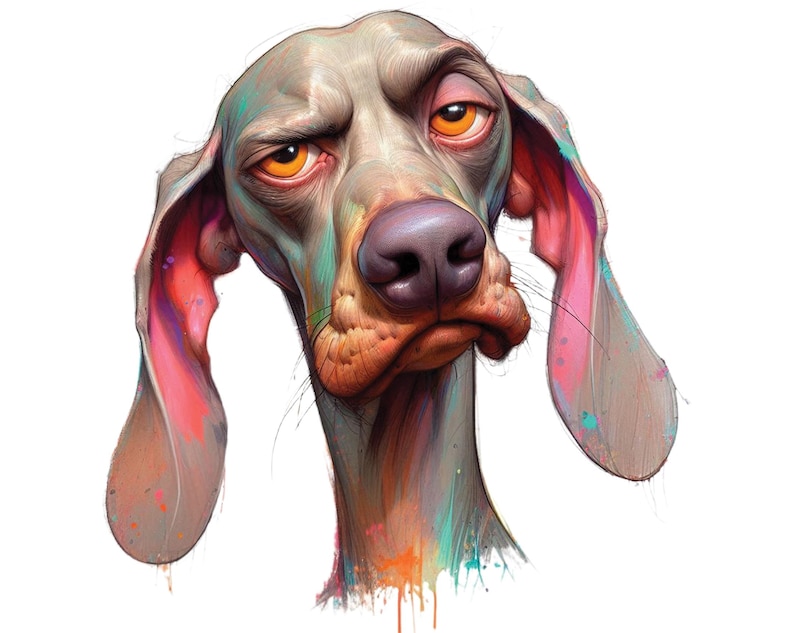 May include: A colorful illustration of a dog with a serious expression. The dog has a gray, blue, and orange body with pink ears. The dog's eyes are orange and brown.