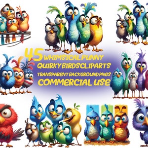 Lot de 45 cliparts lunatiques oiseaux rigolos - clipart oiseau original, oiseaux sarcastiques, imprimable Transparent, téléchargement numérique, usage Commercial