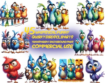 45 Funny Bird Cliparts: Whimsical Sarcastic PNG Bundle (Digital Download)