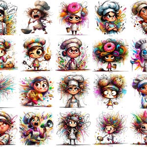 May include: A collection of colorful, cartoon-style illustrations of chefs. Each chef is depicted with exaggerated features, wearing a chef's hat and uniform, and surrounded by vibrant, abstract paint splatters. The chefs have various expressions and are holding cooking tools.