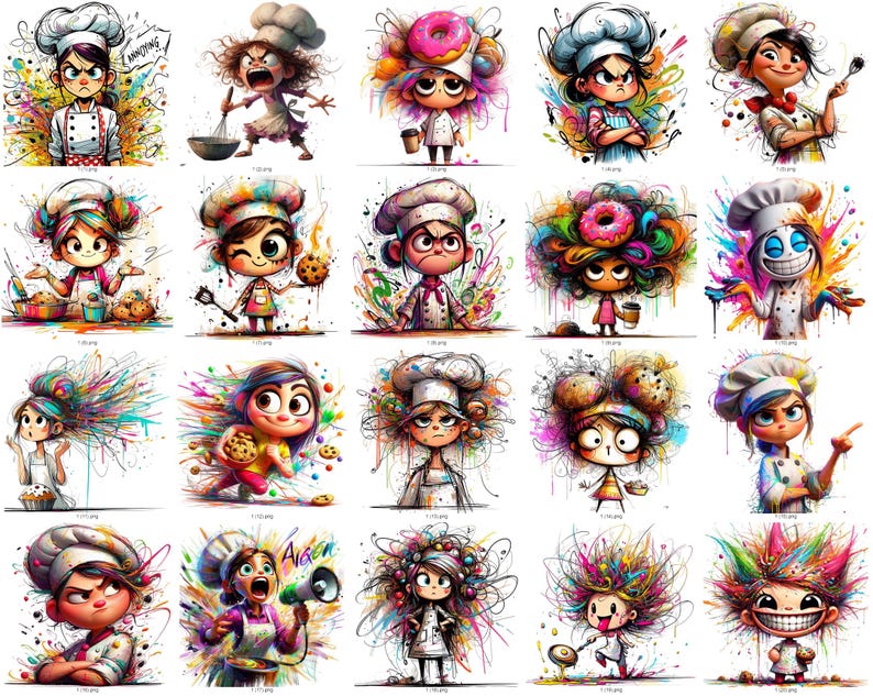 May include: A collection of colorful, cartoon-style illustrations of chefs. Each chef is depicted with exaggerated features, wearing a chef's hat and uniform, and surrounded by vibrant, abstract paint splatters. The chefs have various expressions and are holding cooking tools.