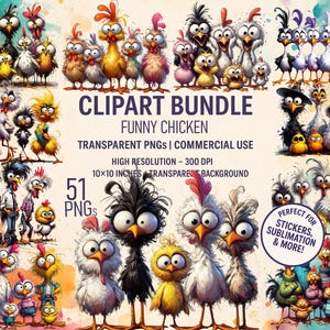 Huhn Clipart Bundle | 51 eigenwillige Bauernhof Vogel PNGs | Niedliche Huhn Aufkleber | Sublimationsgrafiken | Lustiger Hahn Clip Art