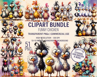 Funny Chicken Clipart Bundle: 51 Quirky Farm Bird PNGs