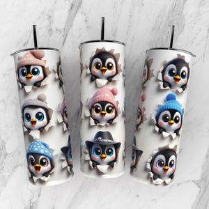 Winter Penguin Tumbler Wrap PNG – 20 oz Skinny Sublimation Design – Cute Penguins Popping Through Holes with Hats – Digital Download