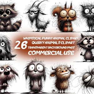 26 Whimsical Funny Animal Clipart, Quirky Animals clipart,Messy Whiskers, 300 Dpi, Printable Transparent, Digital Download, Commercial Use