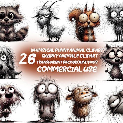 26 Whimsical Animal Clipart: Funny Quirky Designs (Digital Download)