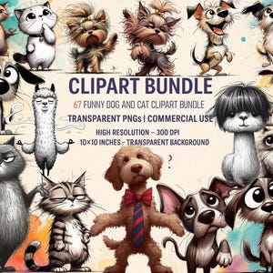 67 Funny Dog and Cat Clipart Bundle | Cute Cartoon Pet PNGs | Watercolor Animal Illustrations | Funny Pet Clipart | Commercial Use