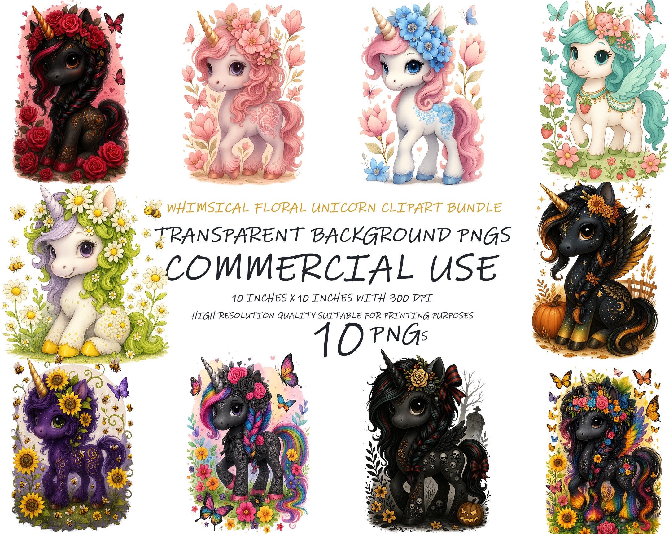 Floral Unicorn Clipart Bundle: Fantasy Black & Pastel Unicorns (digital ...