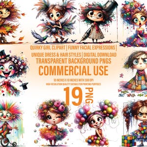 19 Clipart Fille décalée | Expressions faciales amusantes | Styles vestimentaires et coiffures uniques | PNG transparents | Téléchargement numérique instantané | Utilisation commerciale