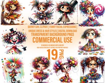 Quirky Girl Clipart: Funny Facial Expressions, Unique Styles (PNG Digital Download)