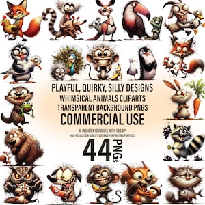 44 Imágenes prediseñadas de animales de dibujos animados caprichosos: diseños juguetones, extravagantes y tontos para descarga digital imprimible, transparente, instantánea, uso comercial