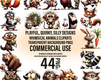 May include: A set of 44 whimsical animal clipart images with transparent backgrounds. The images feature a variety of animals, including a fox, a monkey, a penguin, a rabbit, a raccoon, and an owl. The animals are all drawn in a cartoon style and have playful expressions. The images are perfect for use in digital scrapbooking, card making, and other creative projects.