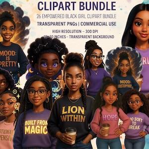 26 Black Girl Affirmation Clipart Bundle - bevollmächtigte Afro-Frauen PNG, positive Zitat Illustrationen, Melanin Magie digitaler Download