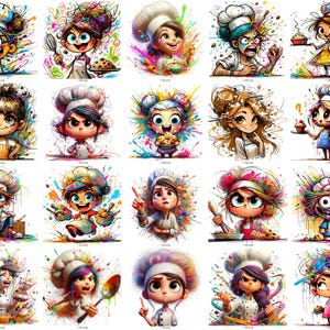 May include: A collection of colorful cartoon illustrations of chefs in various poses. Each chef is depicted with exaggerated features and surrounded by vibrant paint splatters. The chefs are wearing white chef hats and aprons, holding cooking utensils and baked goods.