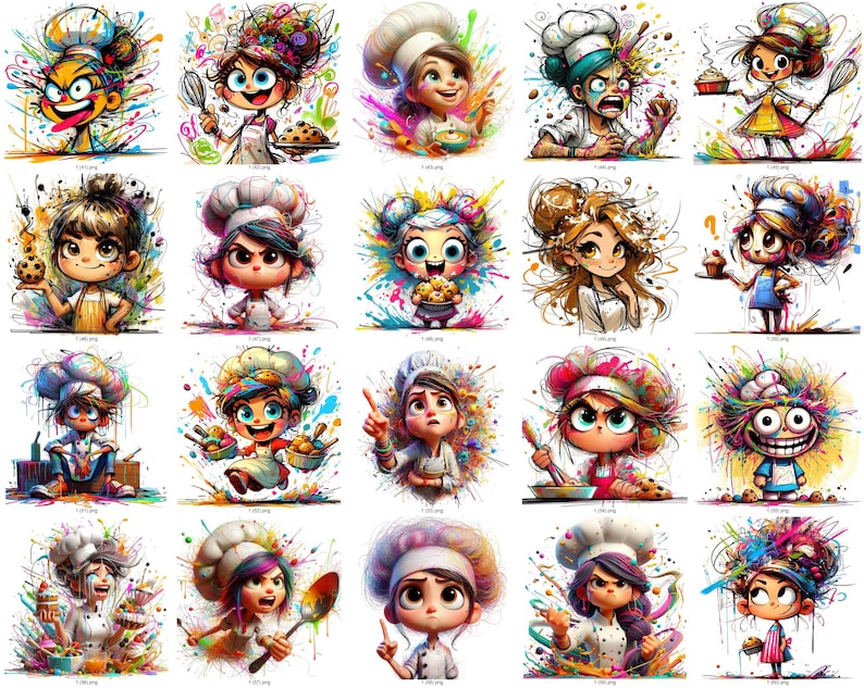 May include: A collection of colorful cartoon illustrations of chefs in various poses. Each chef is depicted with exaggerated features and surrounded by vibrant paint splatters. The chefs are wearing white chef hats and aprons, holding cooking utensils and baked goods.