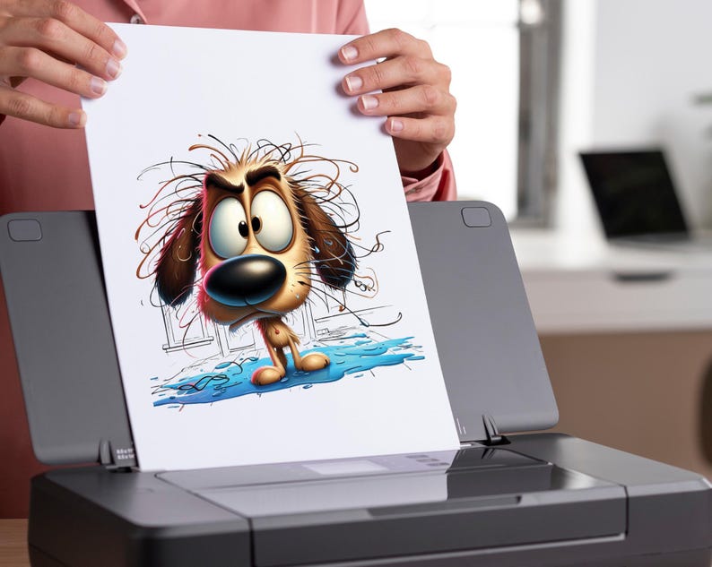 K&ouml;nnte beinhalten: Ein schwarz-grauer Drucker mit einem wei&szlig;en Blatt Papier, das aus dem Papierfach kommt. Das Papier zeigt eine Comic-Illustration eines braunen Hundes mit einem &uuml;berraschten Ausdruck.