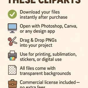 May include: A beige graphic with the text "HOW TO USE THESE CLIPARTS." Instructions include downloading files, opening in design apps, dragging and dropping PNGs, and using for printing. It also mentions a commercial license and no watermarks.