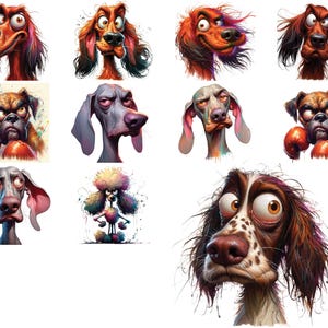 May include: A collection of 10 digital illustrations of dogs with various expressions and poses. The dogs are depicted in a cartoon style with exaggerated features and bright colors.