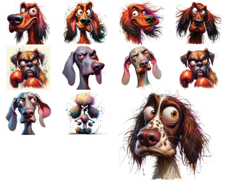 May include: A collection of 10 digital illustrations of dogs with various expressions and poses. The dogs are depicted in a cartoon style with exaggerated features and bright colors.